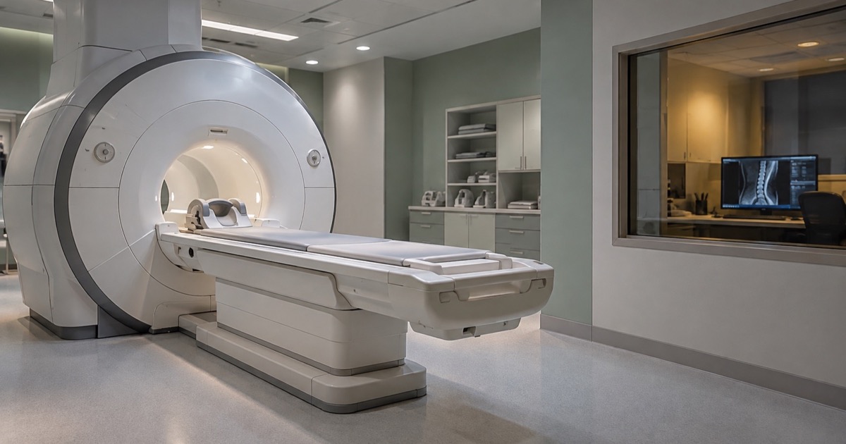 Illustrazione generata: sala di risonanza magnetica vuota con scanner e postazione di analisi oltre una finestra.
