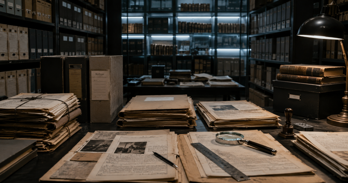 Archivio documentale con fascicoli, atti storici e documenti giudiziari esaminati attraverso un metodo razionale e verificabile.