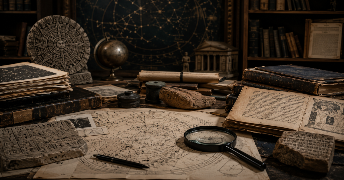 Documenti antichi, mappe celesti, reperti archeologici e strumenti di studio disposti su un tavolo, simbolo dell’analisi razionale delle religioni e delle loro cosmologie.
