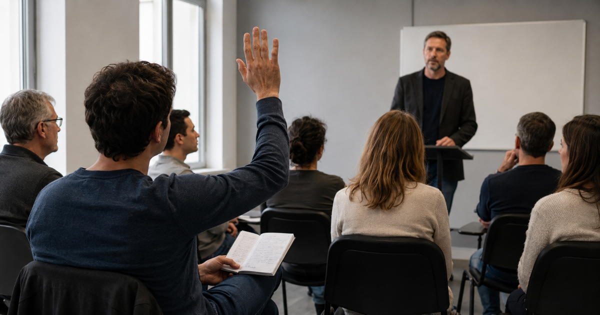 Partecipante alza la mano durante un seminario mentre il relatore si ferma per rispondere: una domanda razionale sottopone l’autorità alla verifica senza creare conflitto.