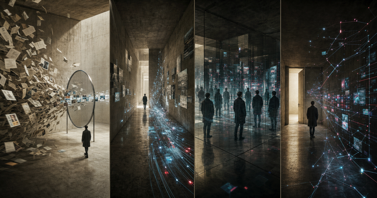 Una figura attraversa quattro ambienti di cemento: documenti filtrati, flussi digitali, specchi e una rete web rappresentano la manipolazione cognitiva.