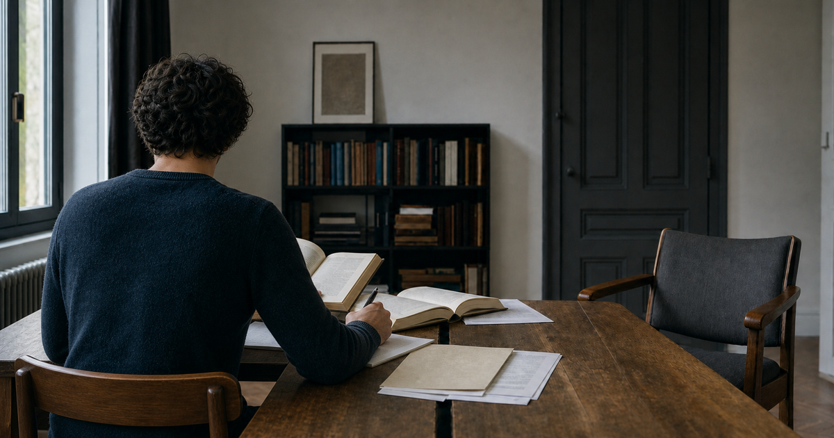 Figura vista di spalle davanti a una porta aperta, con una sedia vuota, quaderno e fogli: il distacco dalla guida e la conquista dell’autonomia cognitiva.