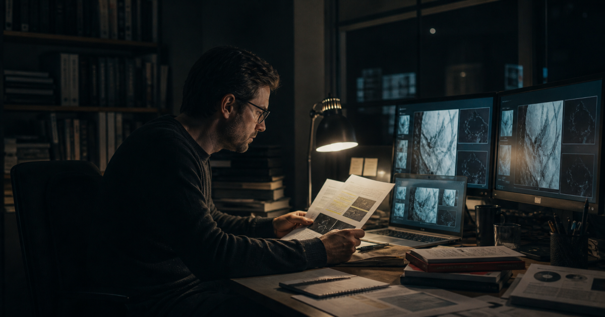 Un uomo esamina documenti in uno studio buio, davanti a più schermi che mostrano informazioni ripetute; sul tavolo restano altre fonti, metafora della selezione delle prove e del bias di conferma.