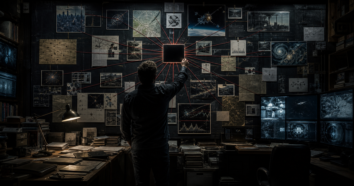 Una persona collega mappe, fotografie, grafici e avvenimenti diversi a un unico riquadro centrale, costruendo una spiegazione complottista monocausale.