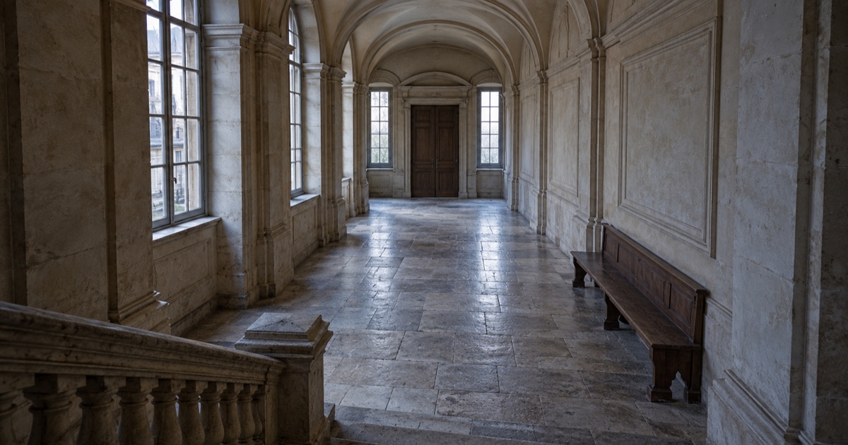 Corridoio vuoto di un palazzo civile settecentesco, con panca e porta chiusa. Ricostruzione generata, non luogo documentato del processo Calas.