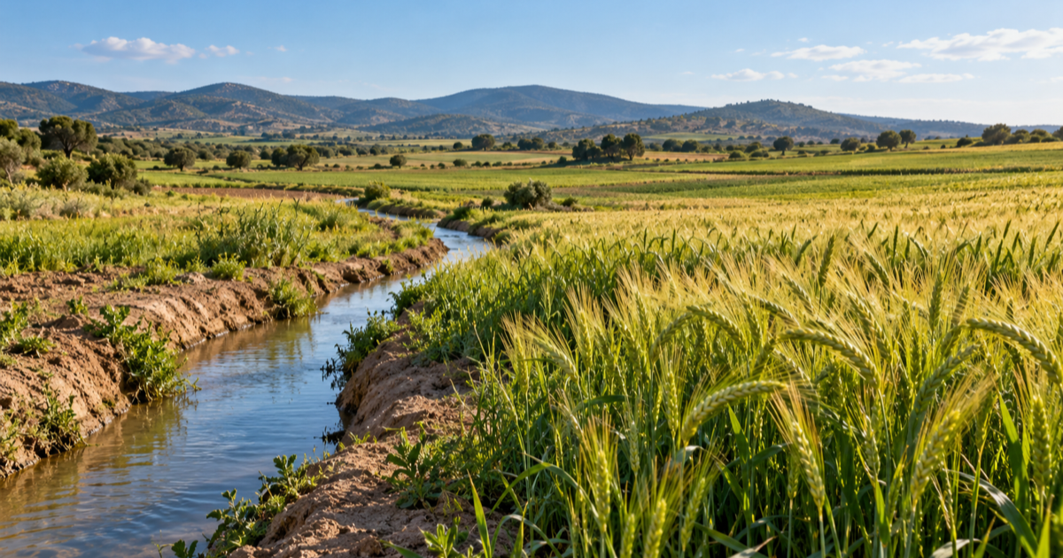 Campo di cereali illuminato dal Sole accanto a un canale irriguo, con colline sullo sfondo. Immagine generata.